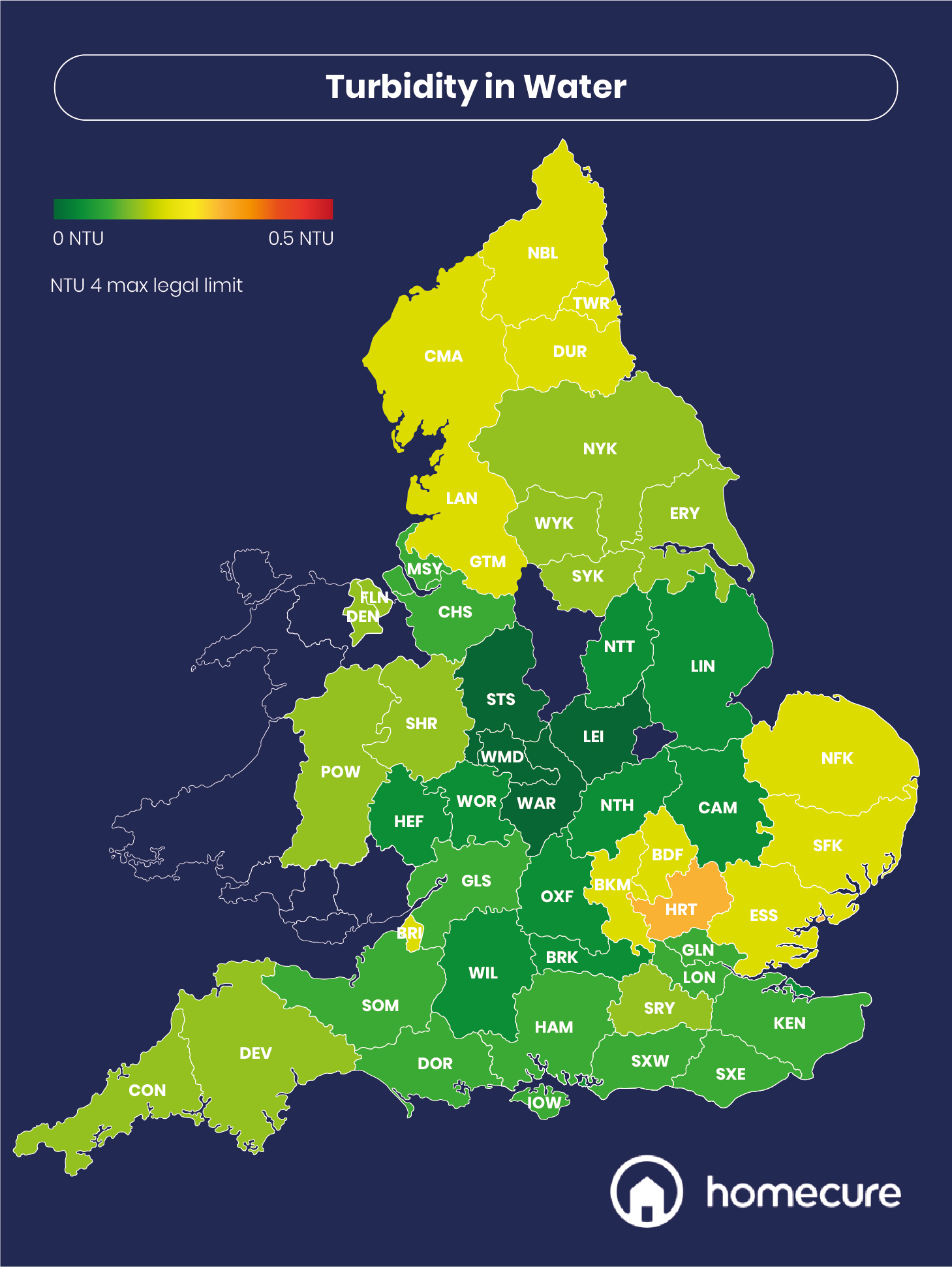 Map showing which UK counties highest levels of turbidity in  water samples